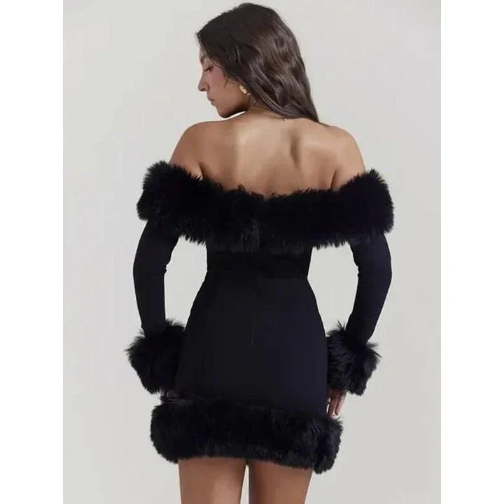 Elegant off-shoulder mini dress with fur trim, perfect for upscale autumn and winter parties