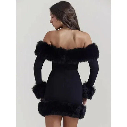 Elegant off-shoulder mini dress with fur trim, perfect for upscale autumn and winter parties