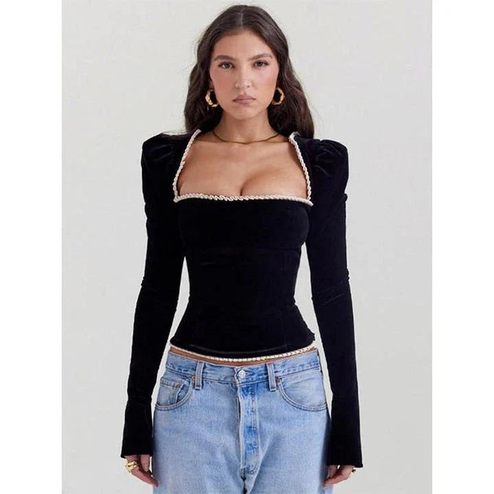 Elegant backless square collar blouse with shoulder pads for a sophisticated and confident look