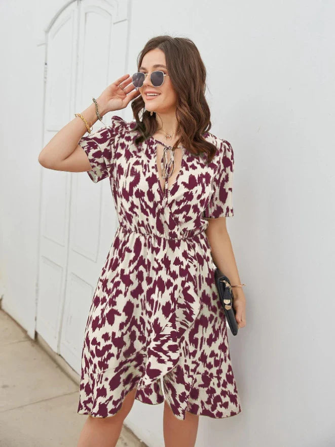 Elegant V-Neck Short Sleeve Printed Dress in Rose Red, Brown, and Black colours