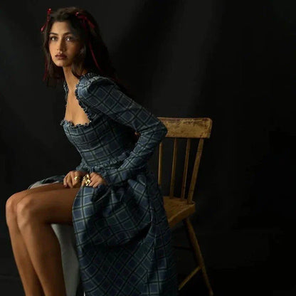 Elegant plaid A-line midi dress with square collar, backless design, and empire waistline