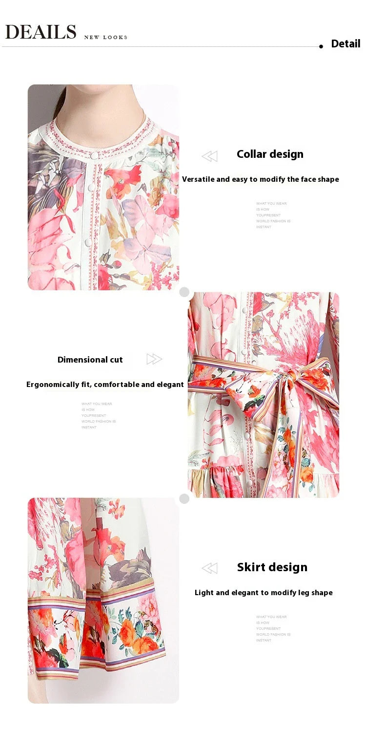 Elegant floral single-breasted swing dress with delicate print, tailored design, and flowing silhouette