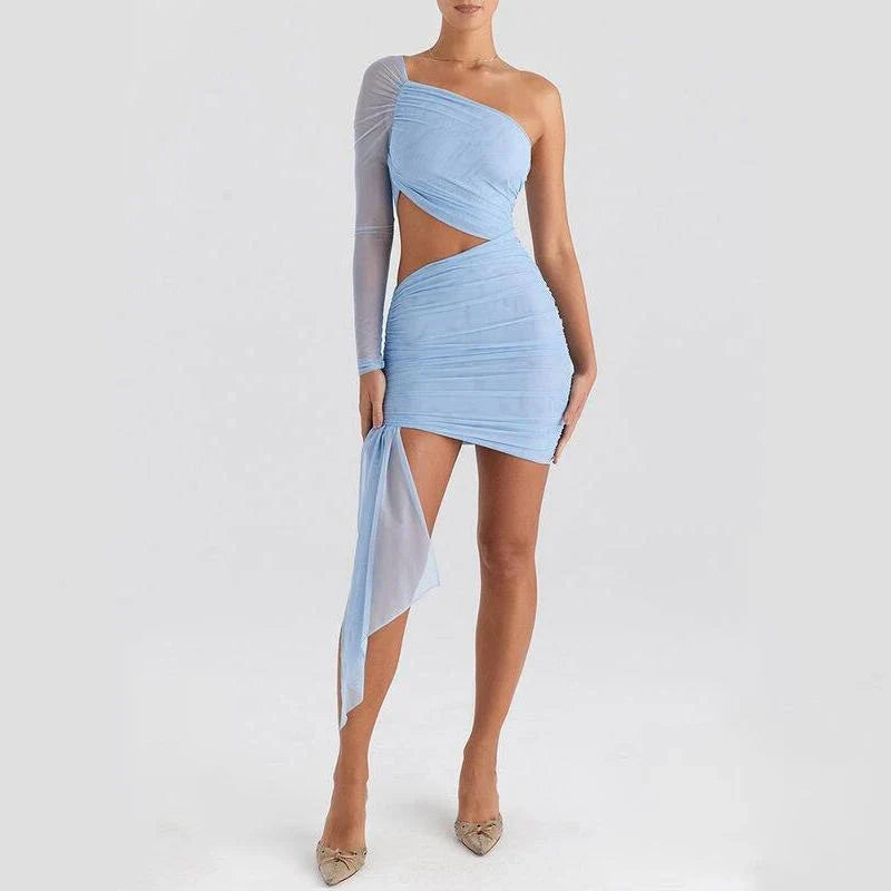 Elegant backless mini dress with sheer mesh overlay, perfect for spring and summer events in the UK