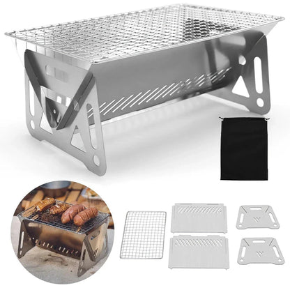 Compact stainless steel portable folding BBQ grill for outdoor cooking and camping