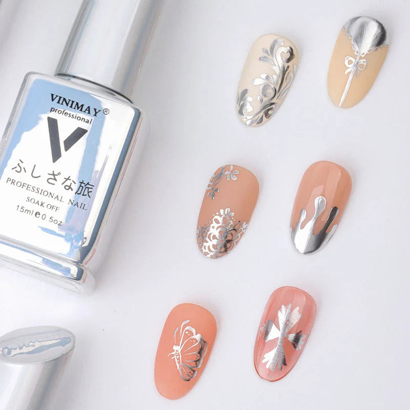 Metallic Mirror Silver Gel Nail Polish with a sleek, reflective shine for a professional, long-lasting manicure