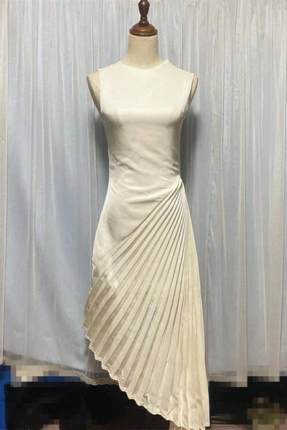 Elegant asymmetric dress in wine red and milky white with a half turtleneck design, perfect for autumn and winter wear.