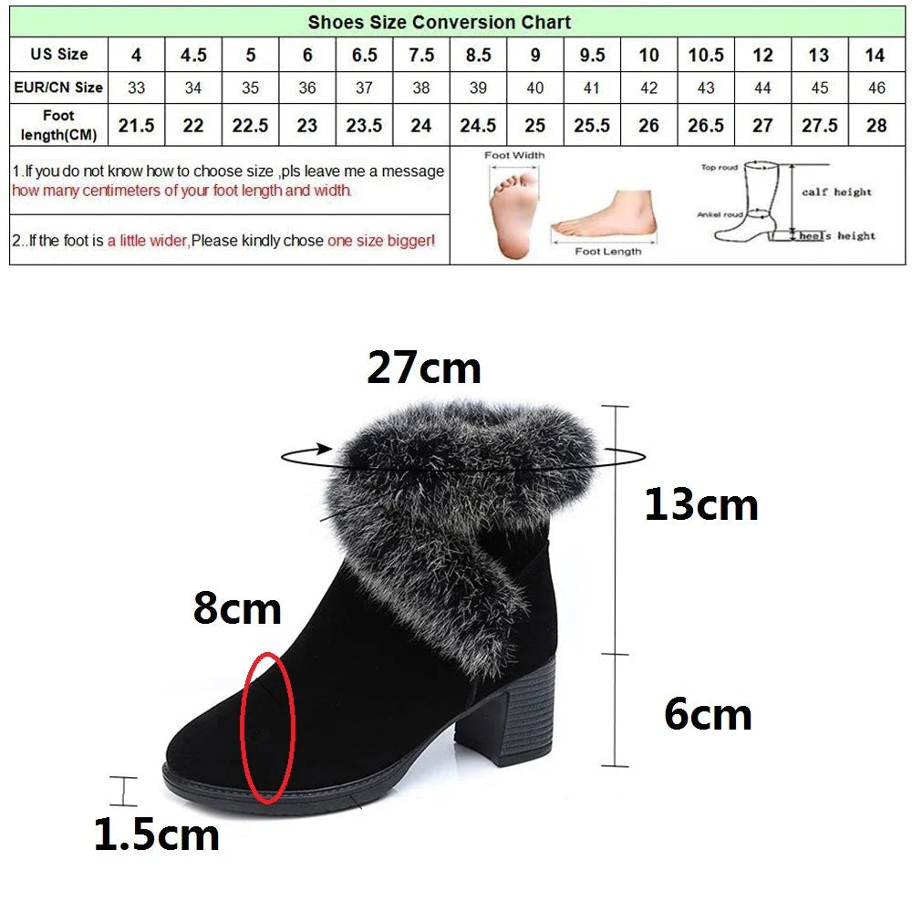 Cosy plush-lined snow boots for women in black, featuring a frosted design, thick rubber soles, and a side zipper closure for easy on and off.