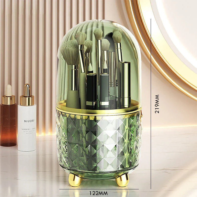 360-degree rotating makeup brush holder and organiser in transparent and green colours