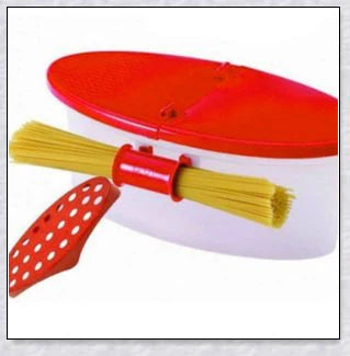 Versatile microwave pasta cooker with convenient handles and precise water-filling lines for quick and easy pasta preparation