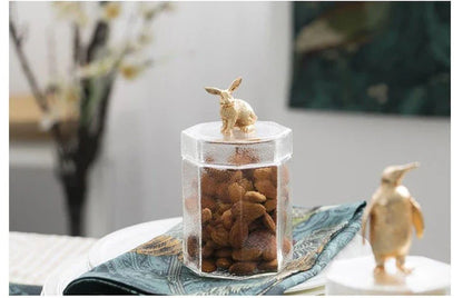 Premium glass food storage jar with a stylish rabbit-shaped lid, ideal for storing dry goods, snacks, and homemade preserves in the kitchen.