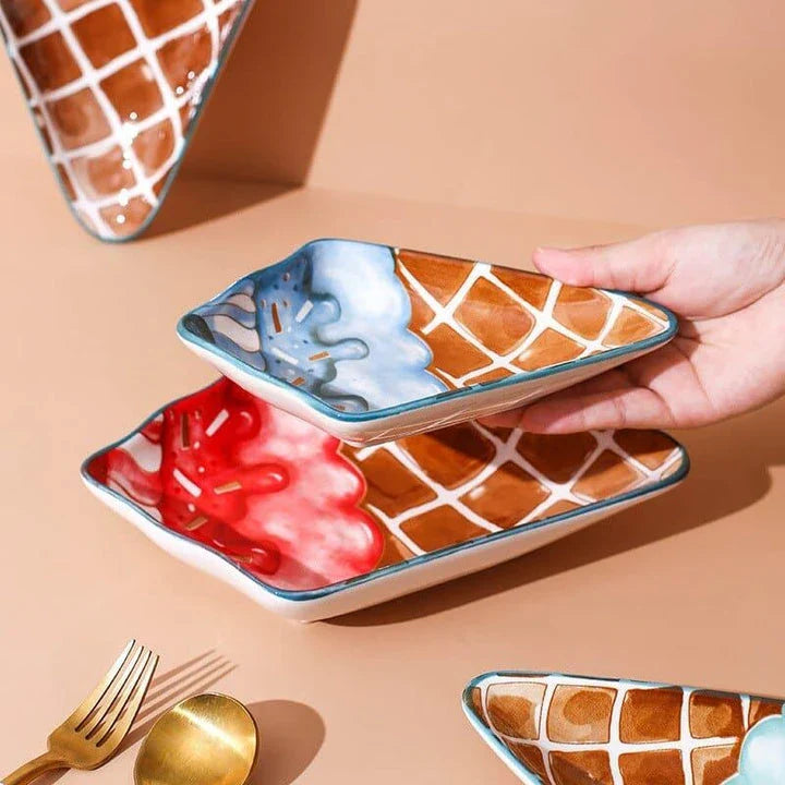 Whimsical ice cream shaped ceramic plate in red and blue colours, available in small and large sizes
