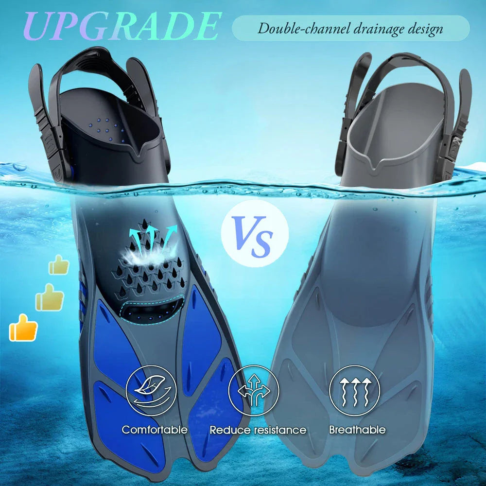 Adjustable open-heel snorkel fins with durable, lightweight construction and non-slip design for enhanced comfort and safety during underwater exploration