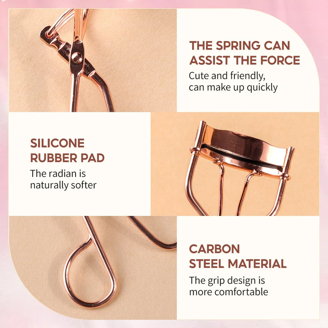 Rose gold eyelash curler with a silicone pad for gentle, long-lasting lash curling