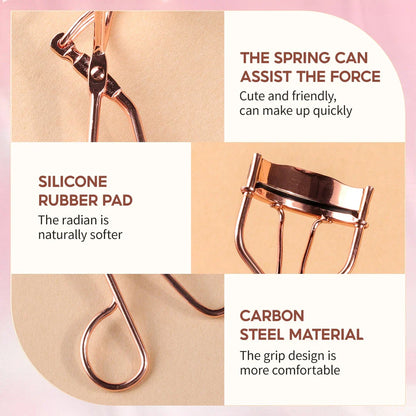 Rose gold eyelash curler with a silicone pad for gentle, long-lasting lash curling