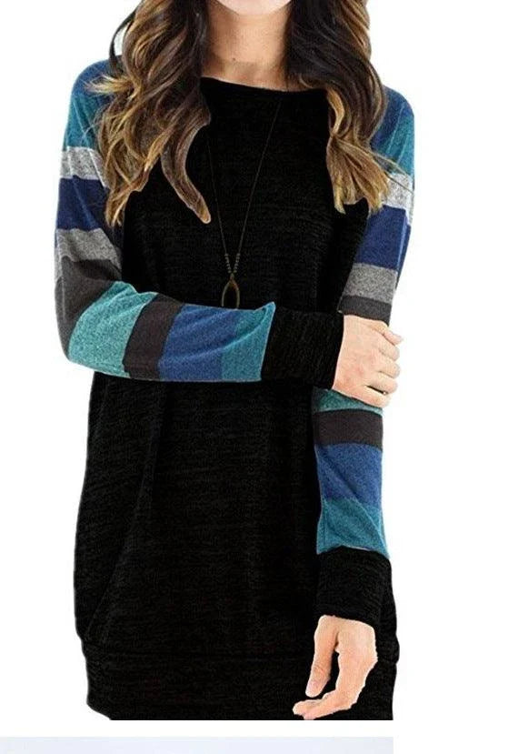 Elegant long-sleeved dress in black and blue colours, featuring a flattering silhouette and premium cotton blend fabric
