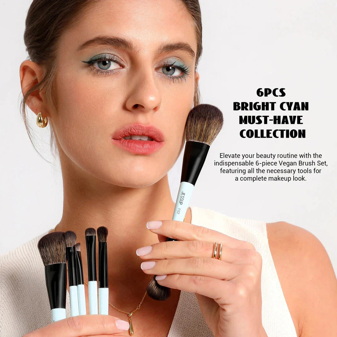 A set of 6 dual-ended makeup brushes in bright cyan and matte black, designed for seamless foundation, contour, blush, eyeshadow, and brow application.