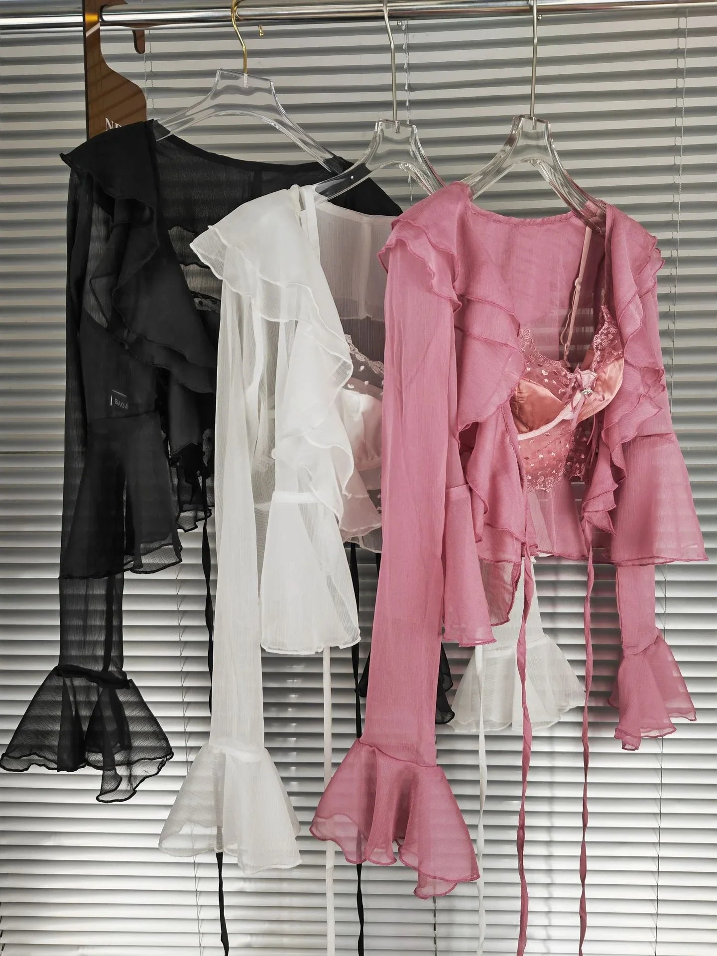 Elegant two-piece chiffon cardigan set with lace trim, available in black, white, and pink colours