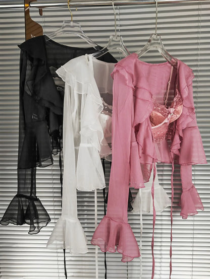 Elegant two-piece chiffon cardigan set with lace trim, available in black, white, and pink colours