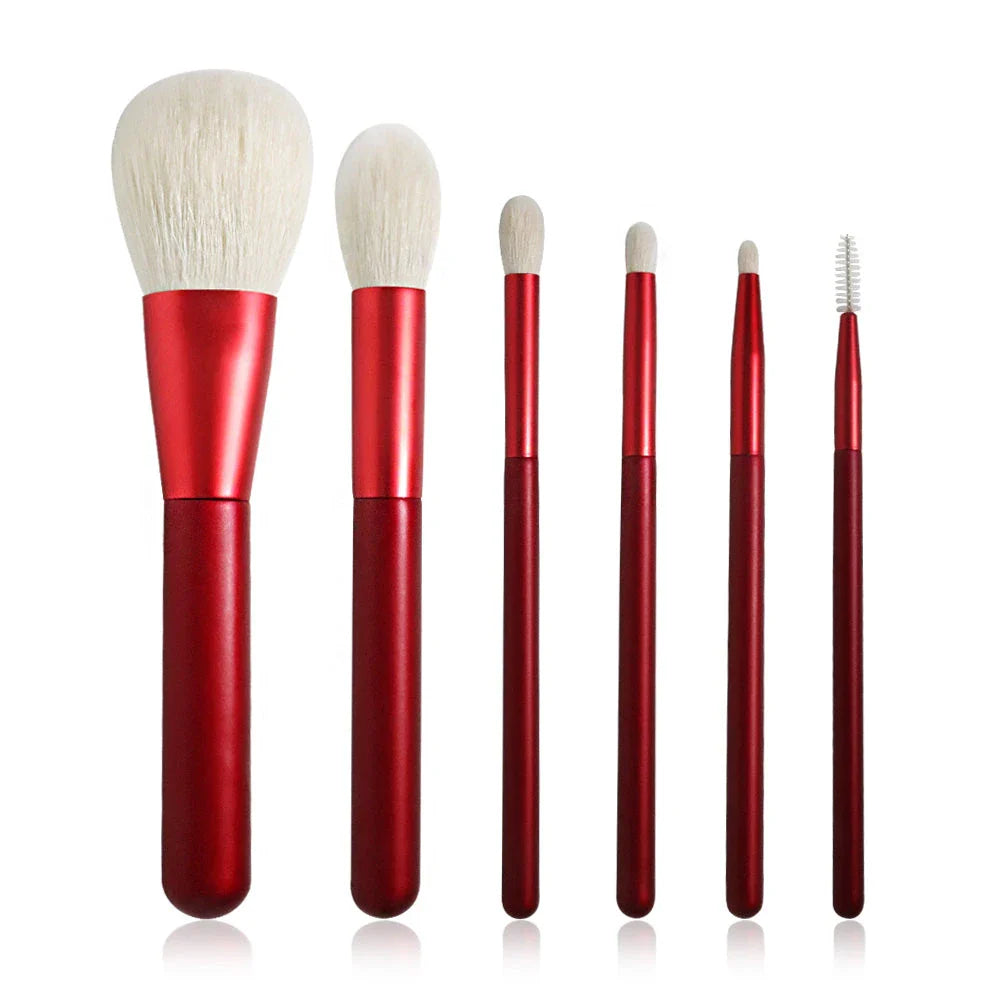 Premium 6-Piece Natural Goat Hair Makeup Brush Set with Red-Coated Solid Wood Handles, Nylon Pouch, and Air Puff