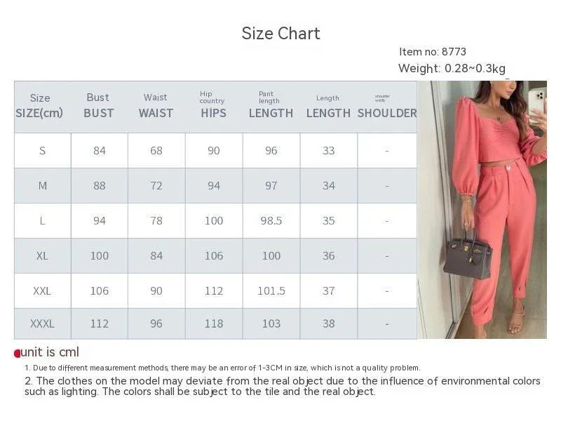 A stylish two-piece set with a square neckline top and ankle-tie trousers, made of premium polyester fabric and available in a range of vibrant solid colours.