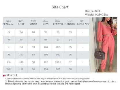 A stylish two-piece set with a square neckline top and ankle-tie trousers, made of premium polyester fabric and available in a range of vibrant solid colours.