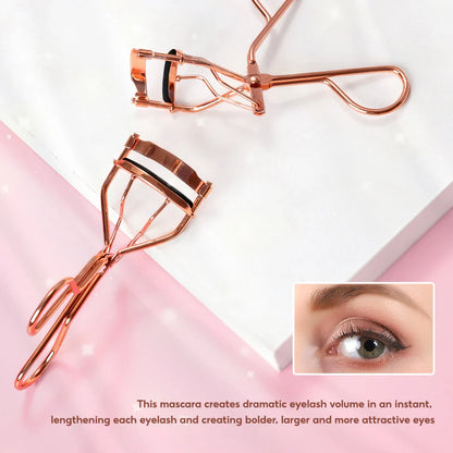 Rose gold eyelash curler with a silicone pad for gentle, long-lasting lash curling