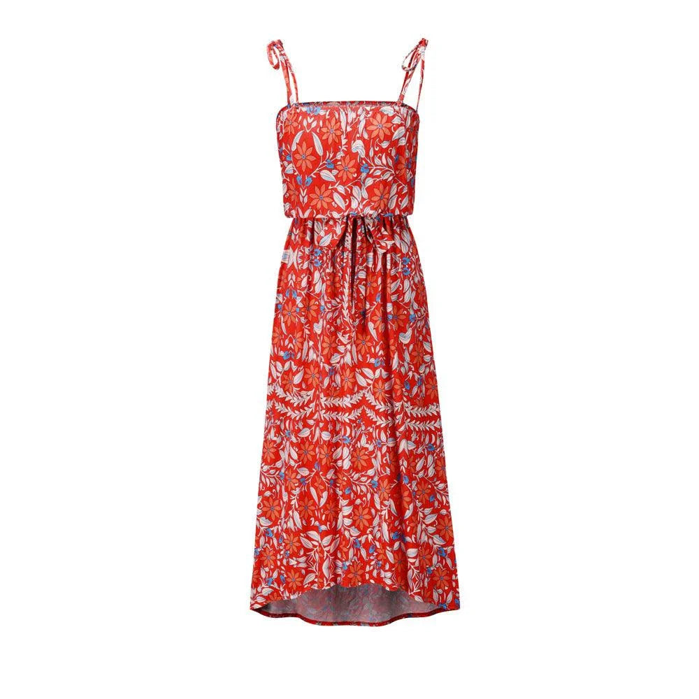 Printed camisole dress with a flattering mid-length swing skirt and a high-waisted design for a stylish, figure-enhancing look.