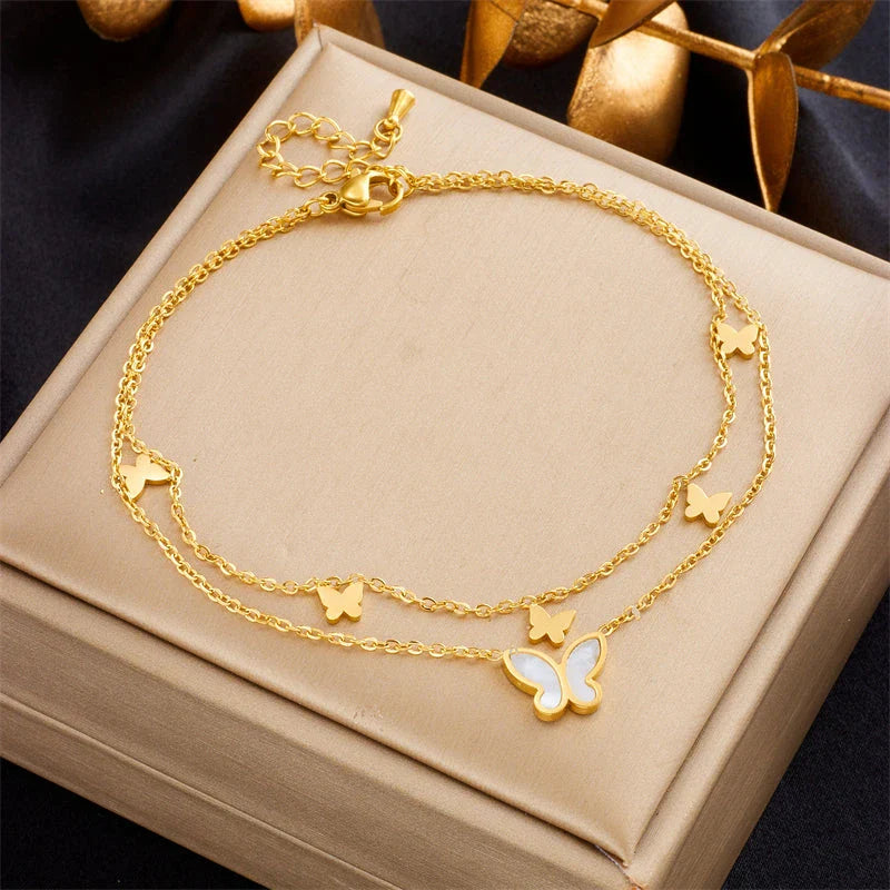 Chic stainless steel double-layer butterfly anklet with adjustable chain and metallic finish