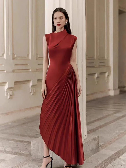 Elegant asymmetric dress in wine red and milky white with a half turtleneck design, perfect for autumn and winter wear.