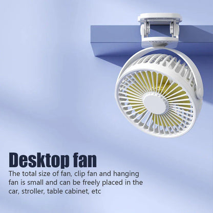Portable Mini Hand Clip Fan with adjustable wind speed, 360° rotation, and USB rechargeable design for instant cooling relief