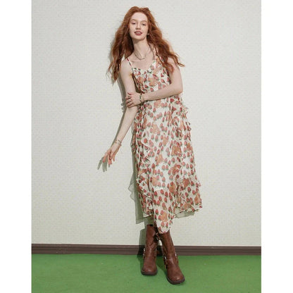Elegant French-inspired midi dress with floral print, V-neck, and spaghetti straps