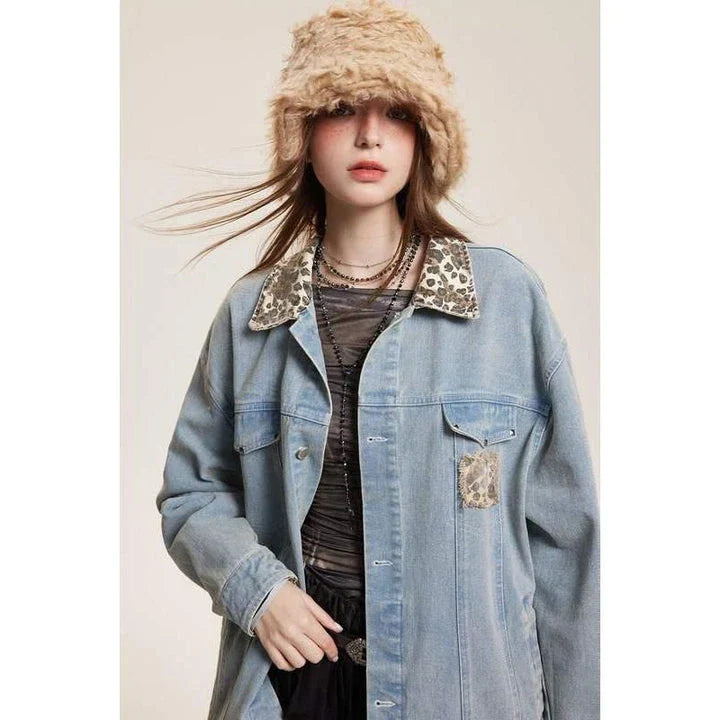 Stylish leopard-print denim jacket with a patchwork design, perfect for versatile fashion.