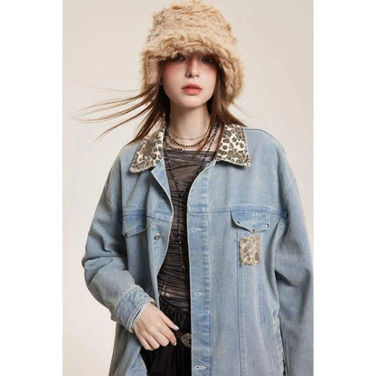 Stylish leopard-print denim jacket with a patchwork design, perfect for versatile fashion.