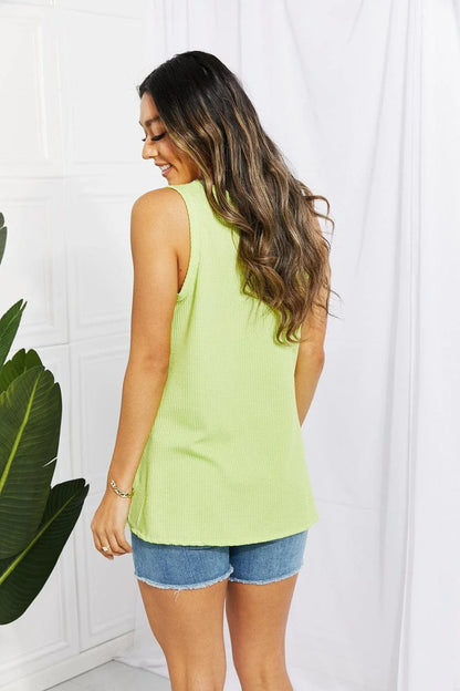 Blumin Apparel Chance of Sun Full Size Ribbed V-Neck Tank in Green - A chic and comfortable women's tank top with a v-neck design, flared cut, and premium stretchy fabric