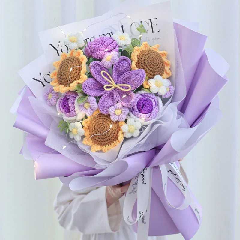 Beautifully crafted knitted bouquet with vibrant sunflowers, featuring a warm LED lighting system for a captivating display