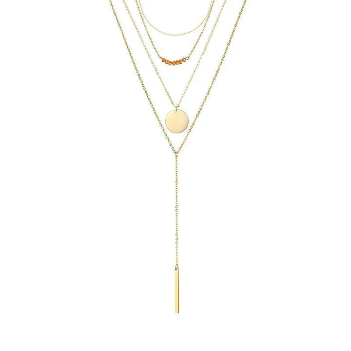 Elegant geometric long necklace made from premium stainless steel, featuring a delicate chain and captivating design for refined British style.