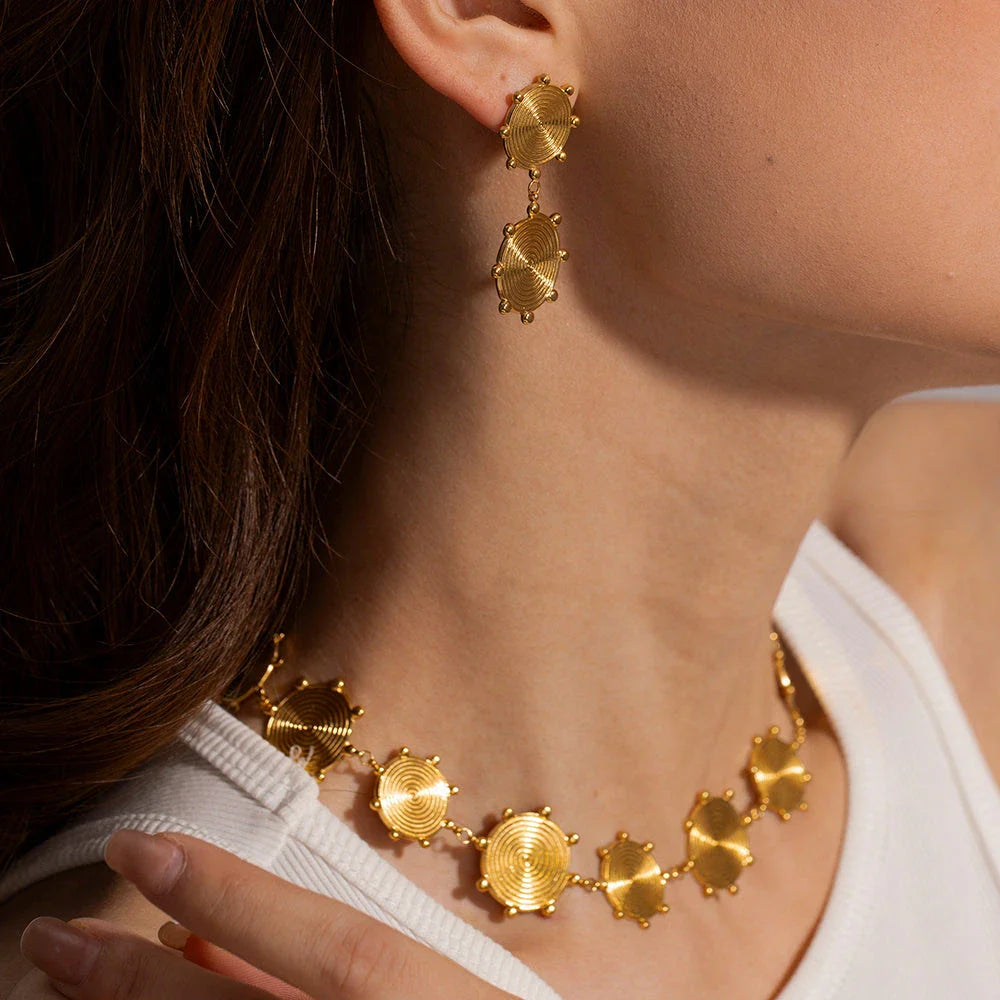 Elegant palace-style retro stainless steel earrings with 18k gold plating, featuring a textured disc design