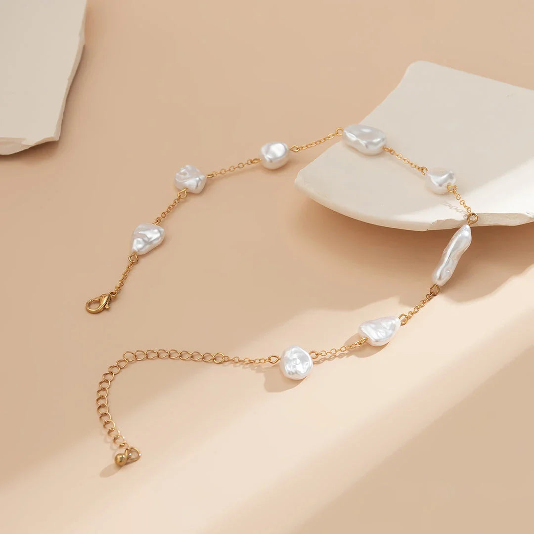 Elegant Pearl Clavicle Chain Necklace with round big pearl beads, alloy, and rhinestone elements