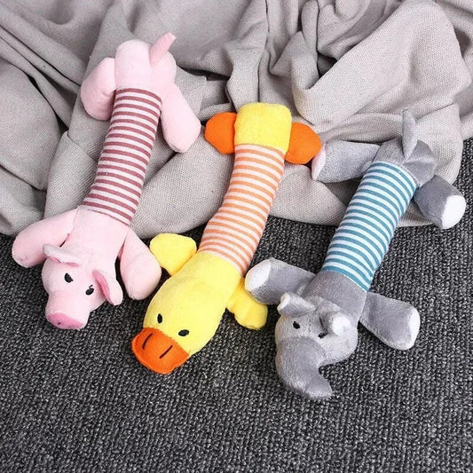A vibrant, squeaky plush dog toy with textured stripes for dental cleaning during play