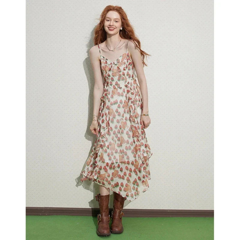 Elegant French-inspired midi dress with floral print, V-neck, and spaghetti straps