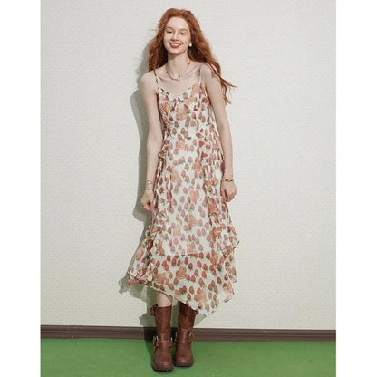 Elegant French-inspired midi dress with floral print, V-neck, and spaghetti straps
