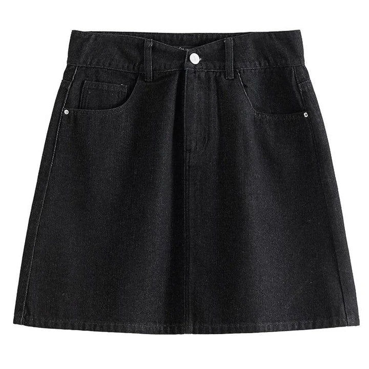 Chic high-waisted denim skirt in a classic blue shade, featuring an A-line silhouette and a flattering empire waistline.