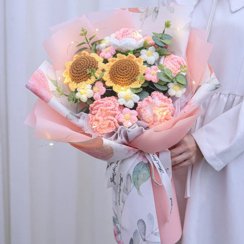 Beautifully crafted knitted bouquet with vibrant sunflowers, featuring a warm LED lighting system for a captivating display
