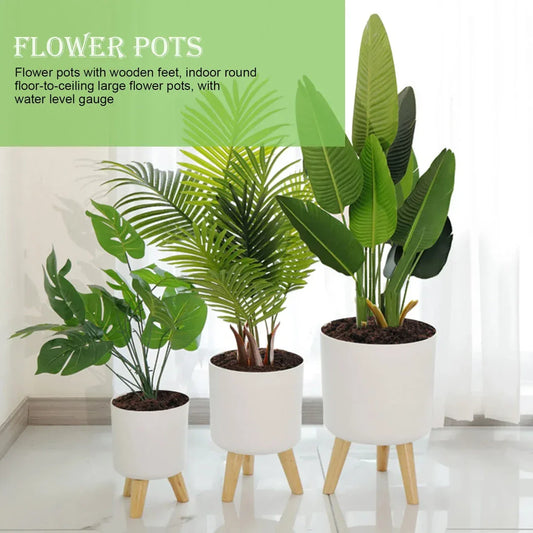 Modern self-watering planter with sleek wooden stand, available in small, medium, and large sizes