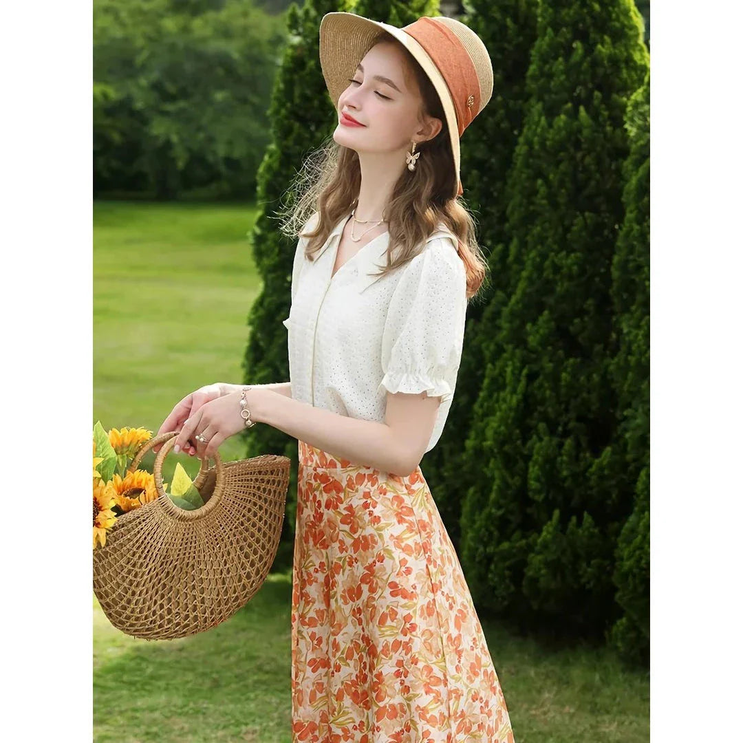 Elegant apricot French-inspired lace blouse with puff sleeves and v-neck collar, perfect for the modern British woman