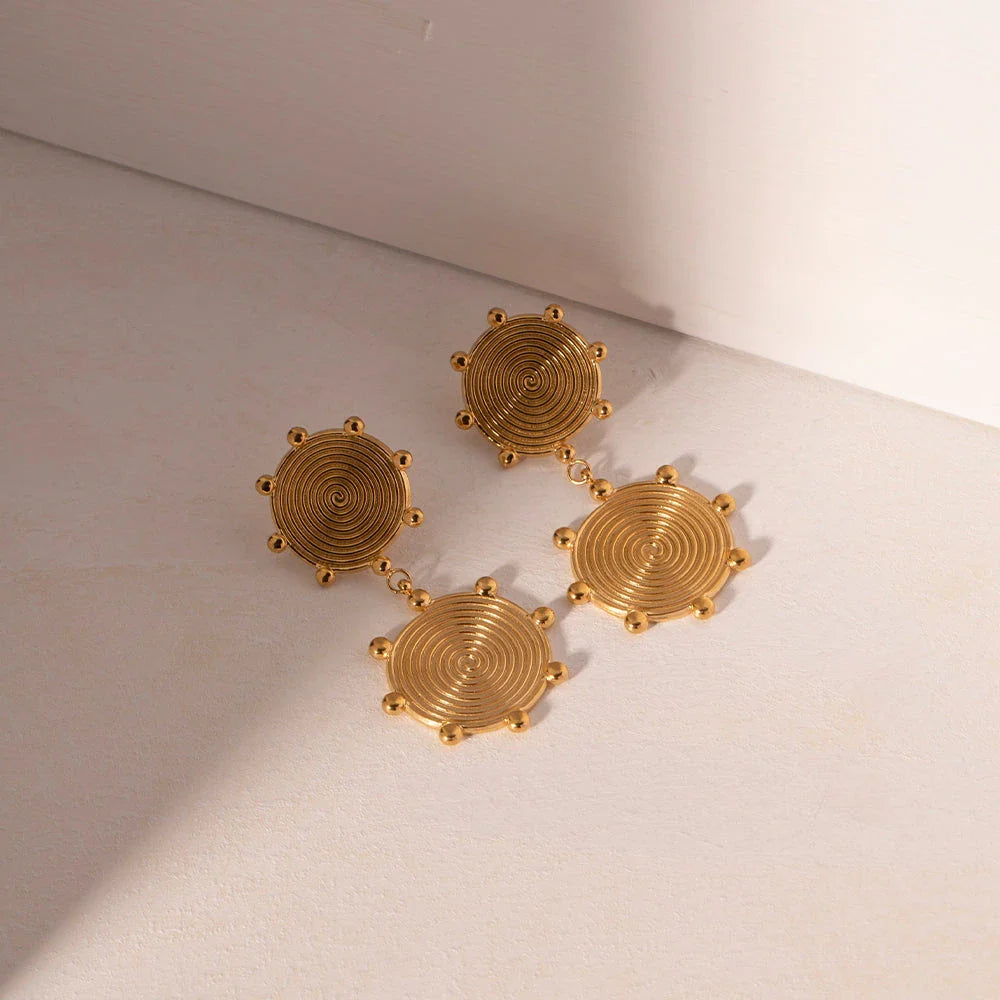 Elegant palace-style retro stainless steel earrings with 18k gold plating, featuring a textured disc design