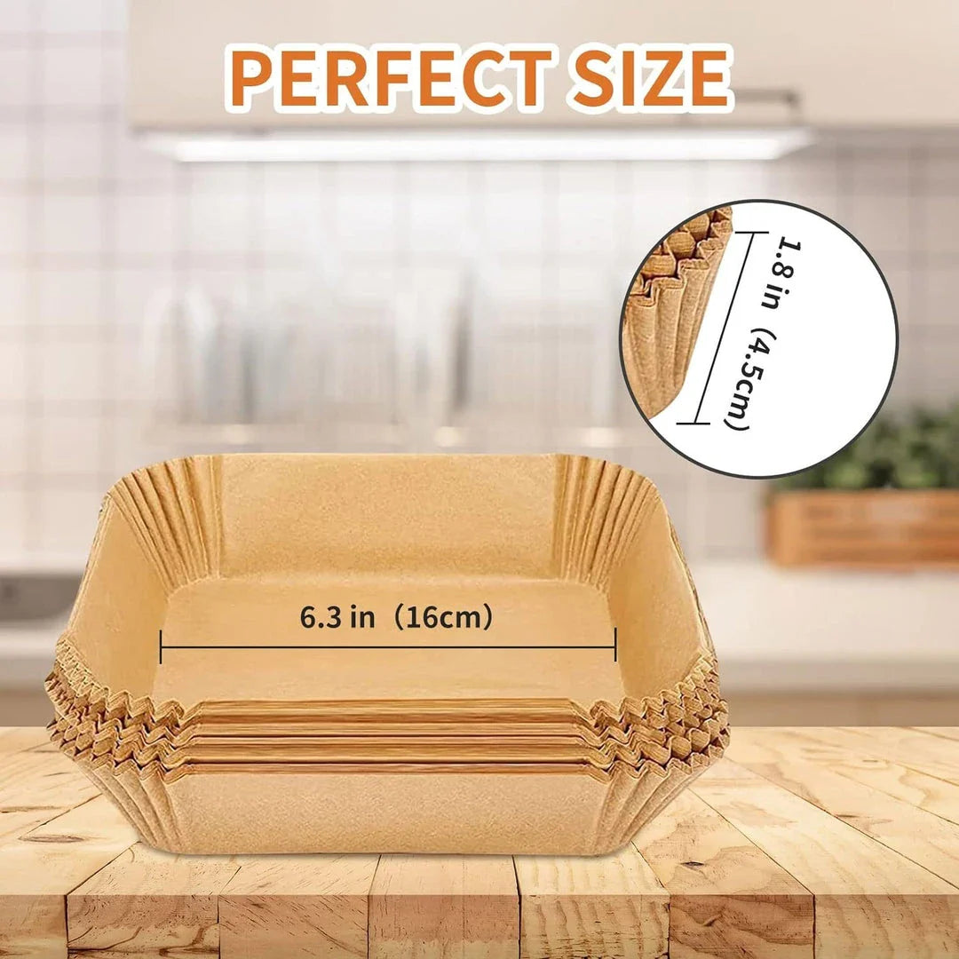 50 disposable air fryer liners made from non-toxic wood paper for easy clean-up and non-stick cooking