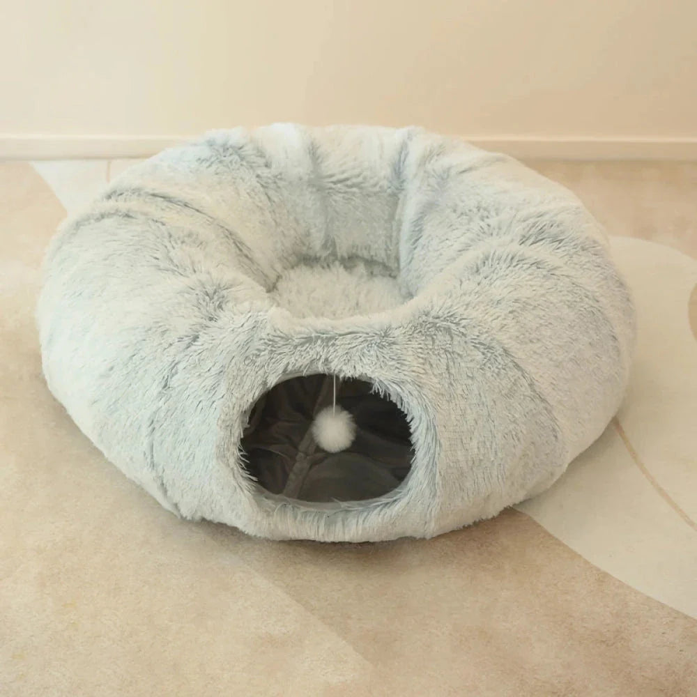 Cosy grey cat tunnel bed with plush cushion, providing a multifunctional and foldable retreat for indoor cats