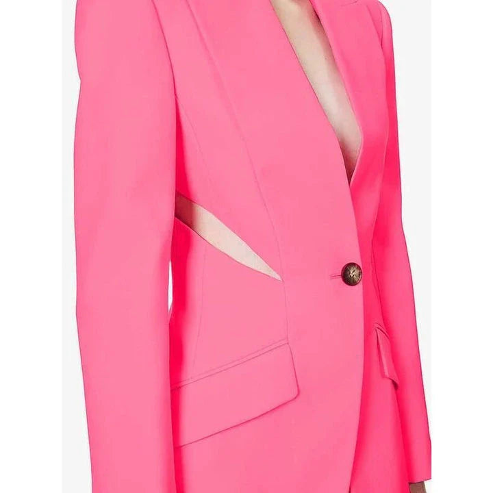 Elegant hollow-out two-piece blazer and trousers set for women, featuring a stylish design, premium materials, and a flattering fit.