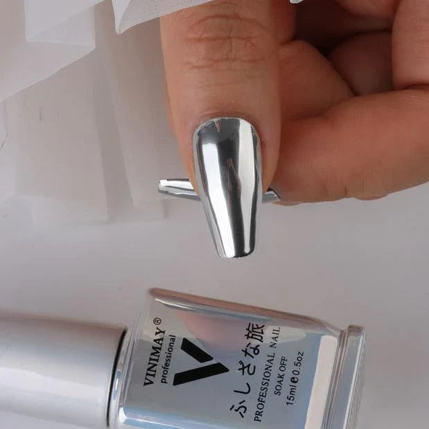 Metallic Mirror Silver Gel Nail Polish with a sleek, reflective shine for a professional, long-lasting manicure